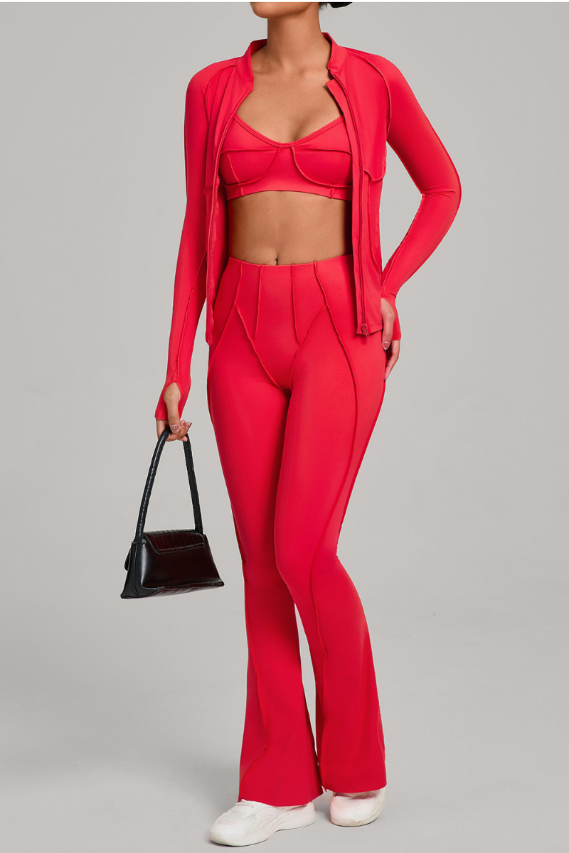 Versatile zipper-fastened matte-finish yoga three-piece set