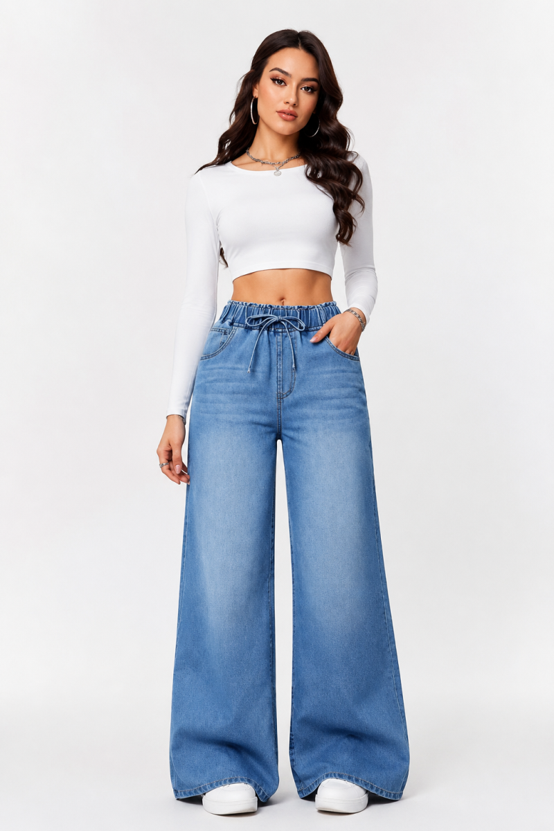 Women's Fall Drawstring Elastic Waist Wide Leg Jeans