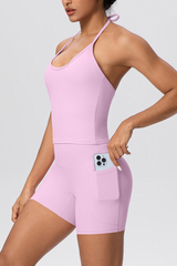 Women's Sport Set:Thin Tie Straps Halterneck And Side Pocket Shorts