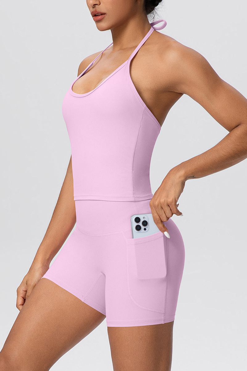Women's Sport Set:Thin Tie Straps Halterneck And Side Pocket Shorts