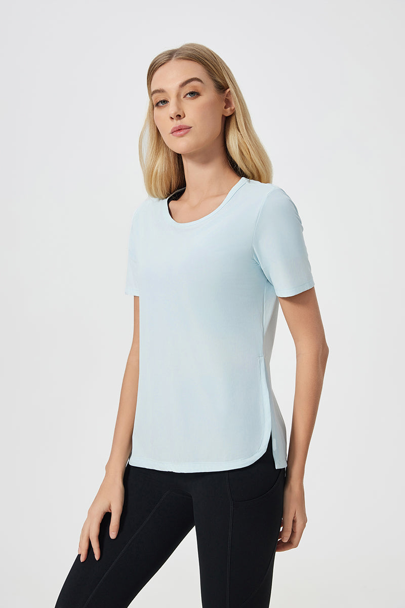 Women Short Sleeve Side Split Quick Dry Loose Breathable Running Fitness Sports Yoga Top