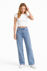 Women's Mid Waist Washed Straight Leg Jeans