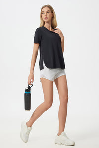 Women Short Sleeve Side Split Quick Dry Loose Breathable Running Fitness Sports Yoga Top