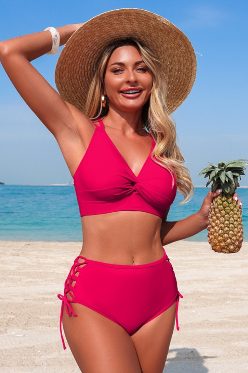 Women's V-neck Twist-Front Cross Back Side Cot Out Bikini