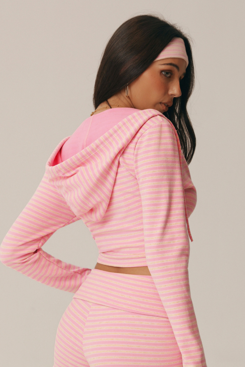 Women's Striped Drawstring Hooded Zip Crop Jacket