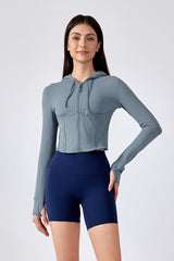 Women Hooded Drawstring Short Slim Outdoor Sports Fitness Yoga Jacket