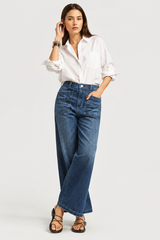 Women's High Waisted Wide Leg Jeans with Front Patch Pockets