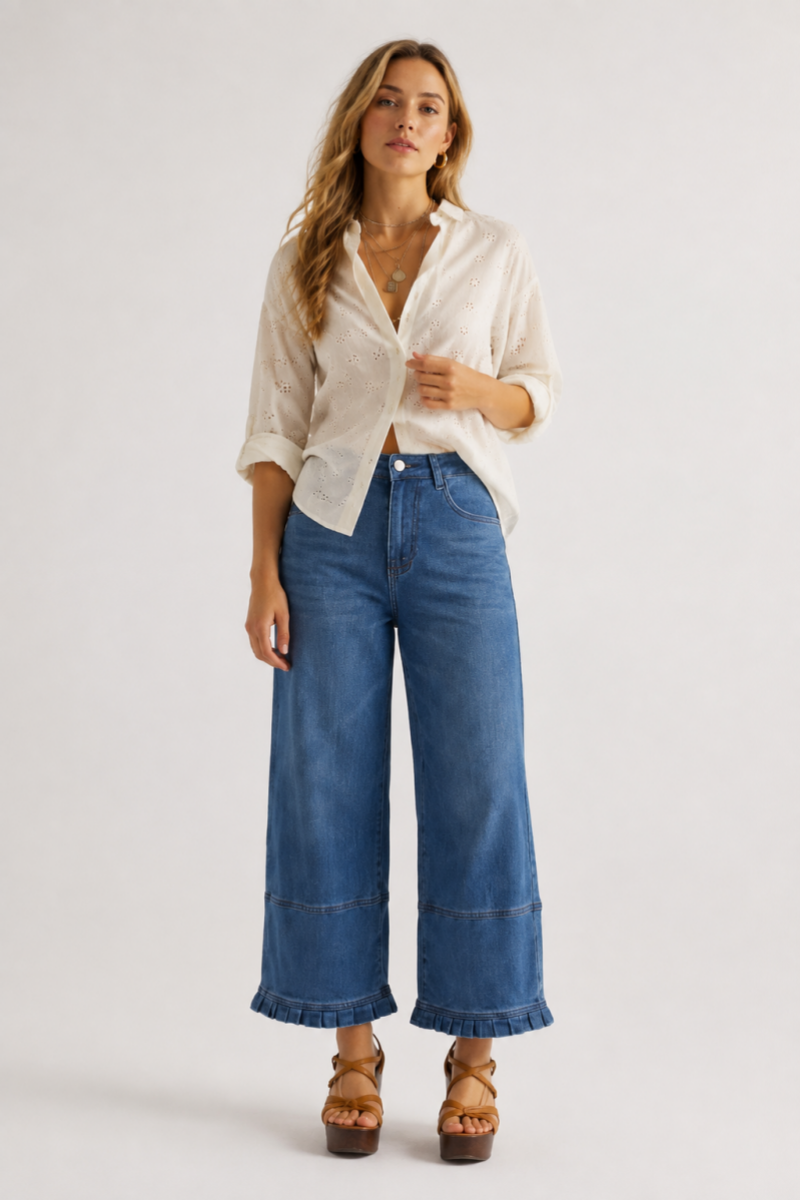 Women's High Waist Wide Leg Jeans with Ruffle Hem