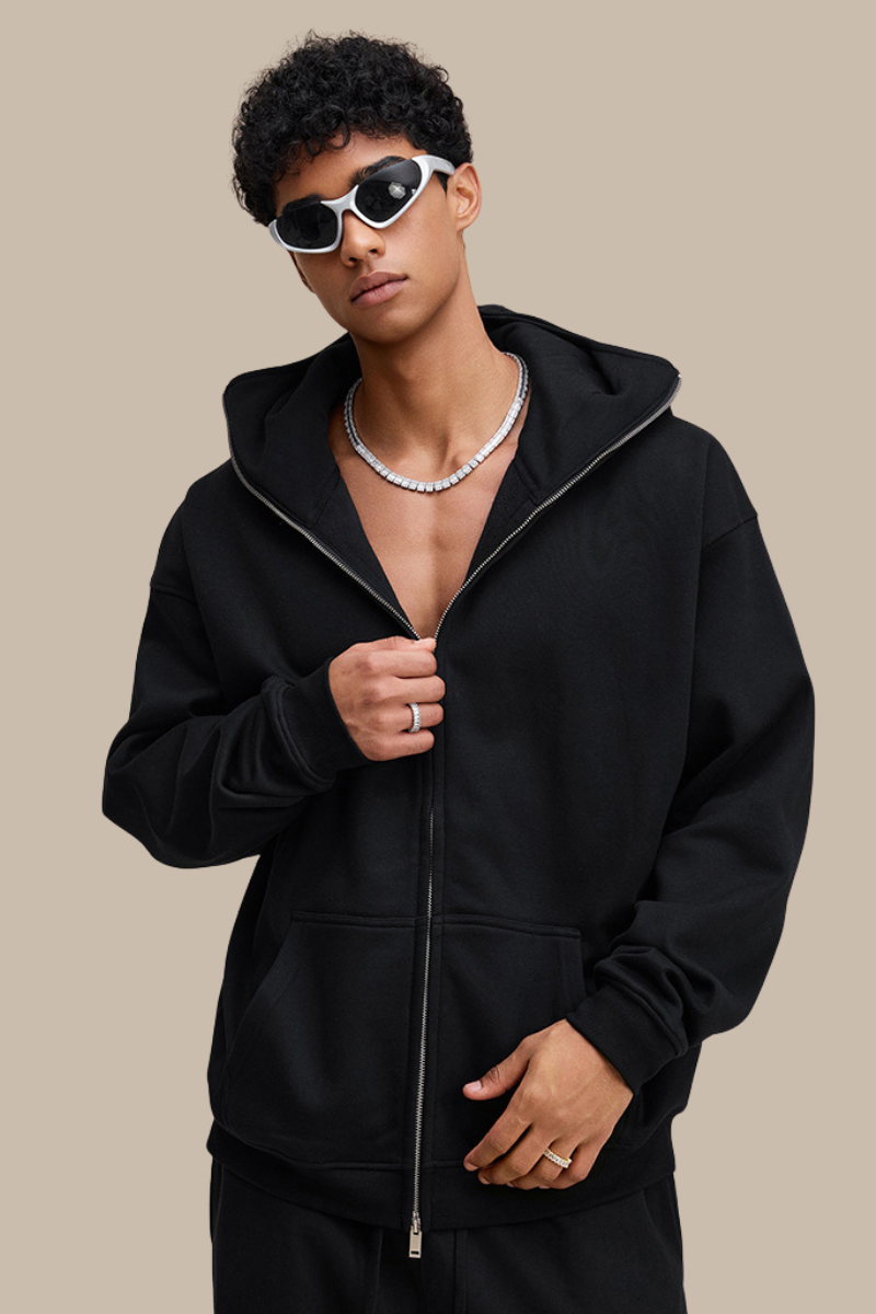 Hooded zip-up sweatshirt.