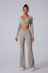 Women'S Brushed Tight Yoga Suit Set With Long Sleeves + Long Pants