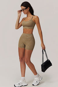 Women Gold Foil Fabric Sports Bras + Yoga Sports Shorts