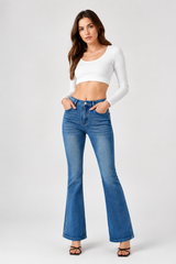 Women's Vintage Distressed Mid Rise Stretch Slim Flare Jeans