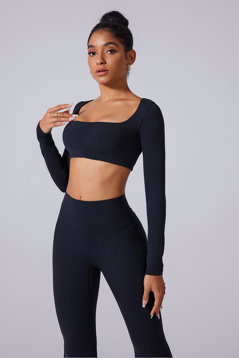 Women'S Ruched Square Neck Waistless Athletic Long Sleeve