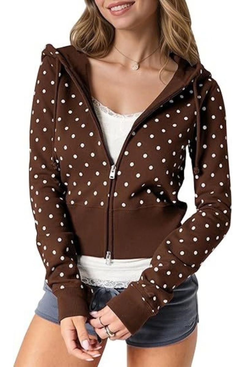 Women's Fall Polka Dot Print Cropped Zip Up Hooded Jacket