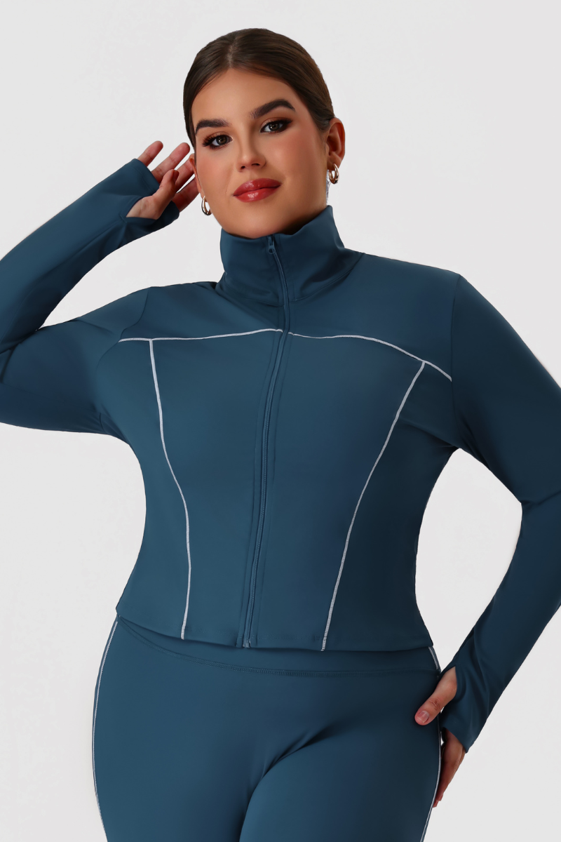 Plus Size Women's Stand-Collar Color-Block Line Yoga Jacket