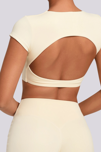 Women's Athletic Cut Out Back Cropped Solid T-shirt