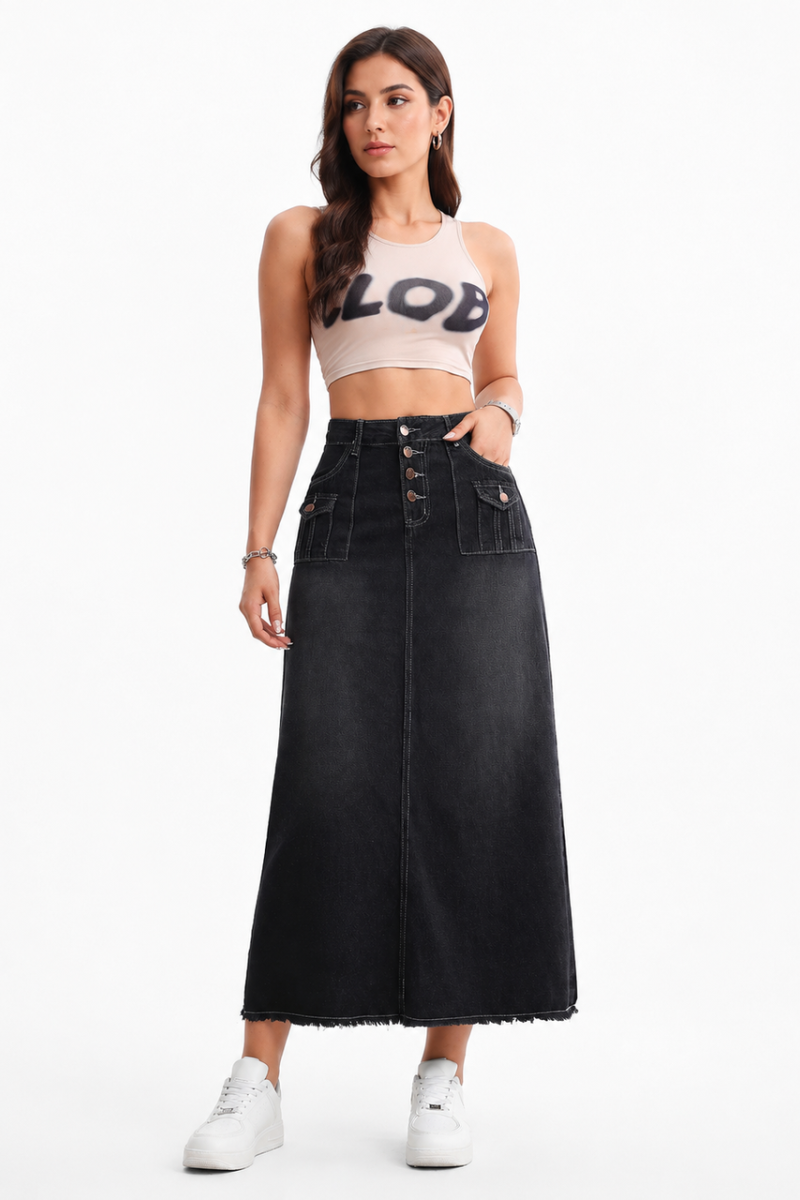 Women's High Waist Button Fly Denim Maxi Skirt