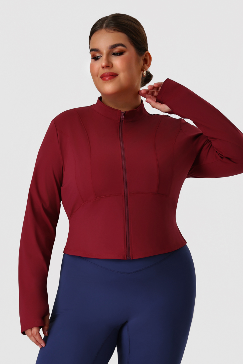 Plus Size Women's Fitted Stand Collar Line Detail Yoga Jacket