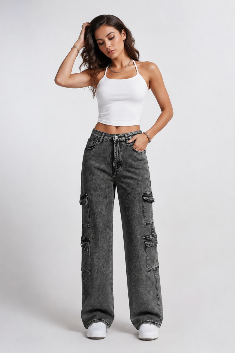Women's High Waist Cargo Straight Jeans