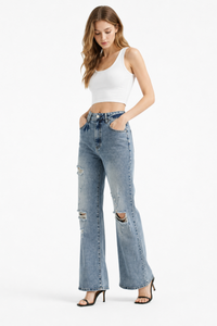 Women's High Waist Distressed Ripped Wide Leg Jeans