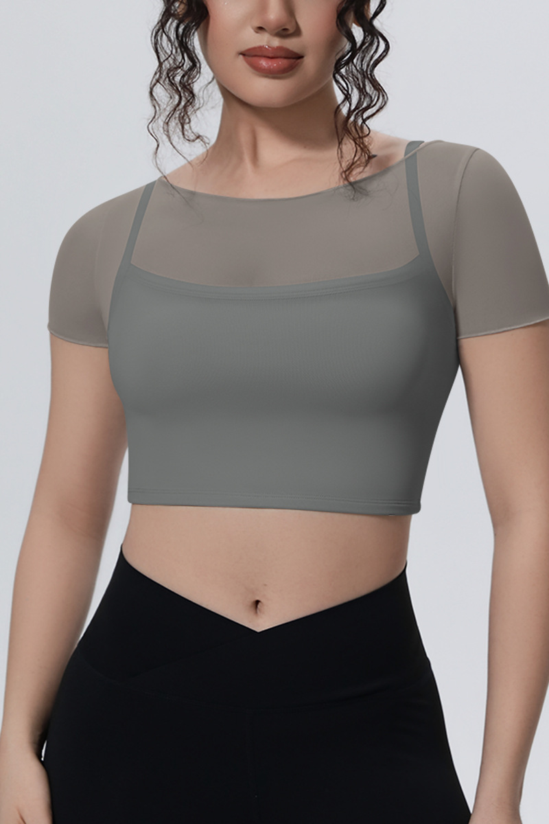 Women's Summer Athletic Mesh Stitched Mock Two-Piece Tee