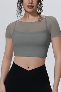 Women's Summer Athletic Mesh Stitched Mock Two-Piece Tee