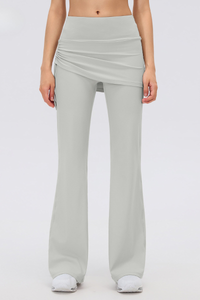 Women's Fake 2-Piece Skort Overlay Ruched Flare Yoga Pants
