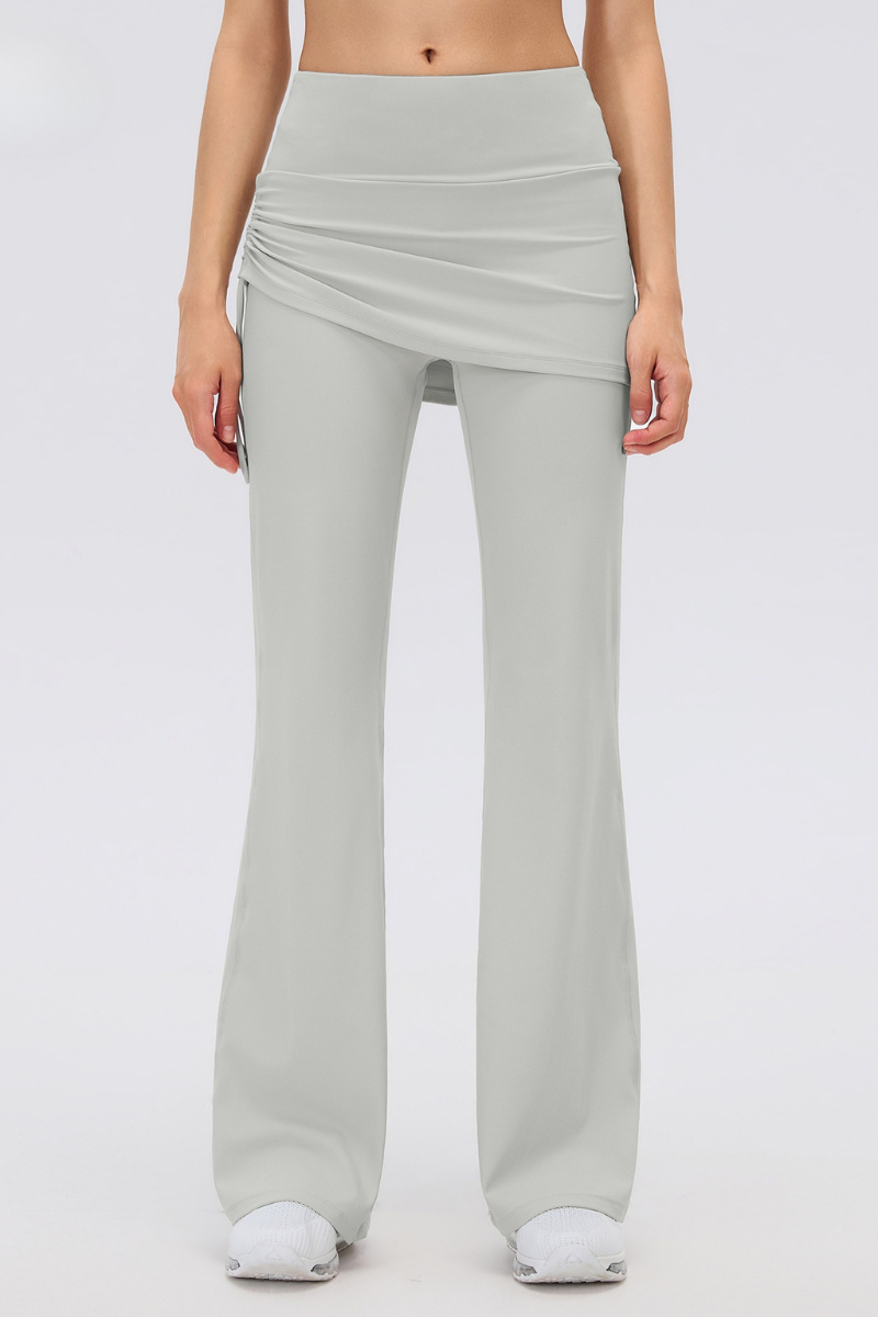 Women's Fake 2-Piece Skort Overlay Ruched Flare Yoga Pants