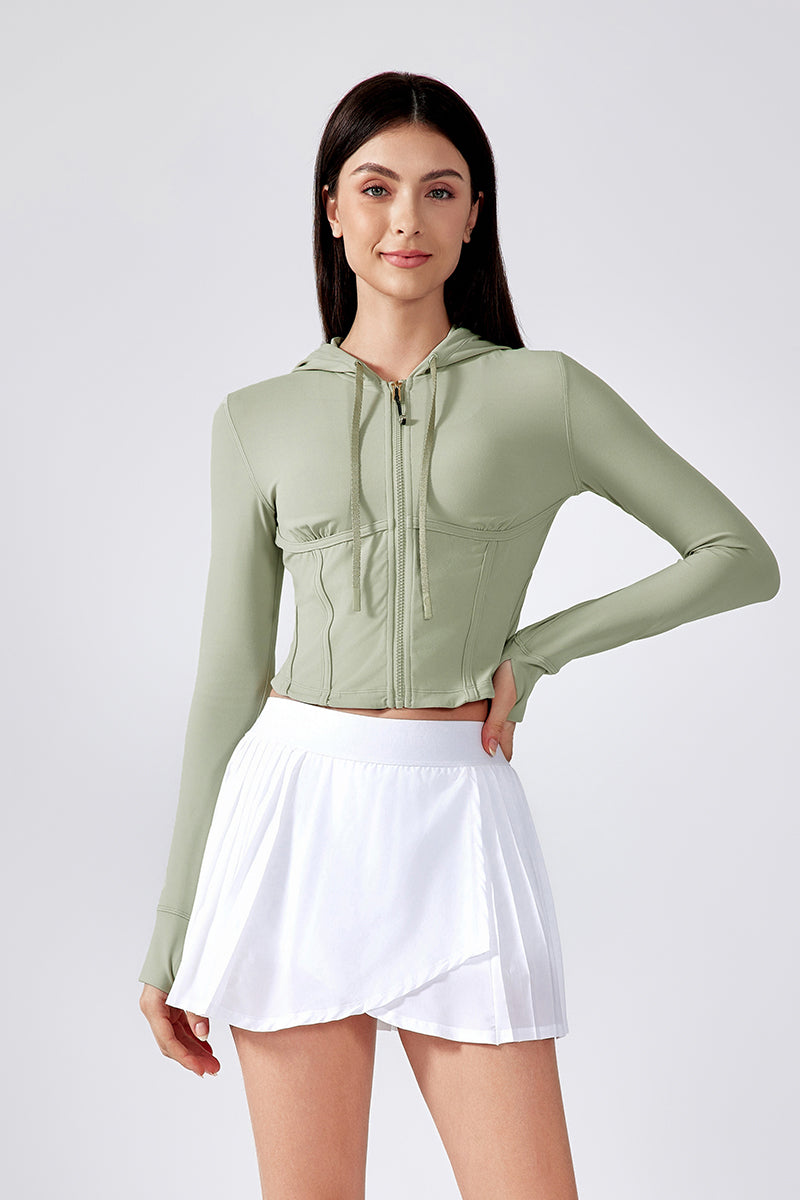 Women Hooded Drawstring Short Slim Outdoor Sports Fitness Yoga Jacket