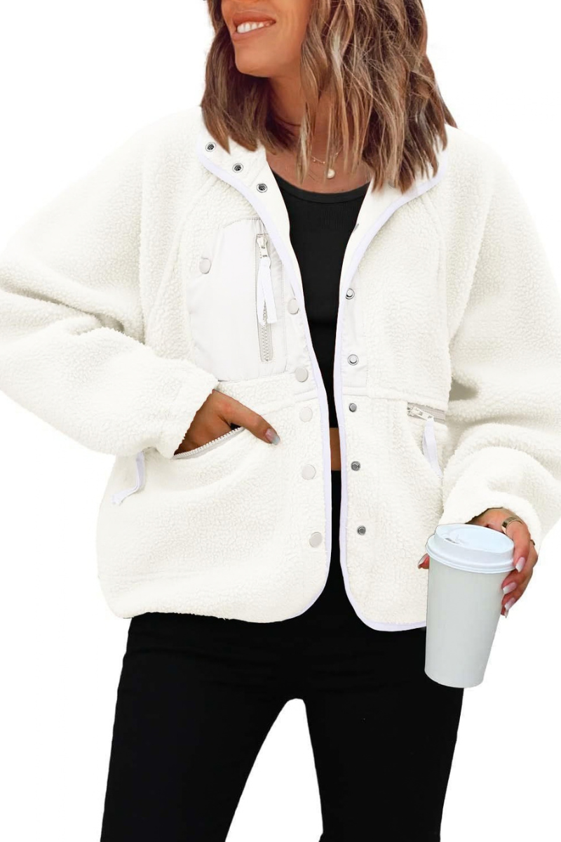 Women's Fall/Winter Patch Pockets Fleece Snap Button Jacket