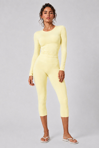 Women's Brushed Crew Neck Long Sleeve T-shirt And Capri Yoga Set