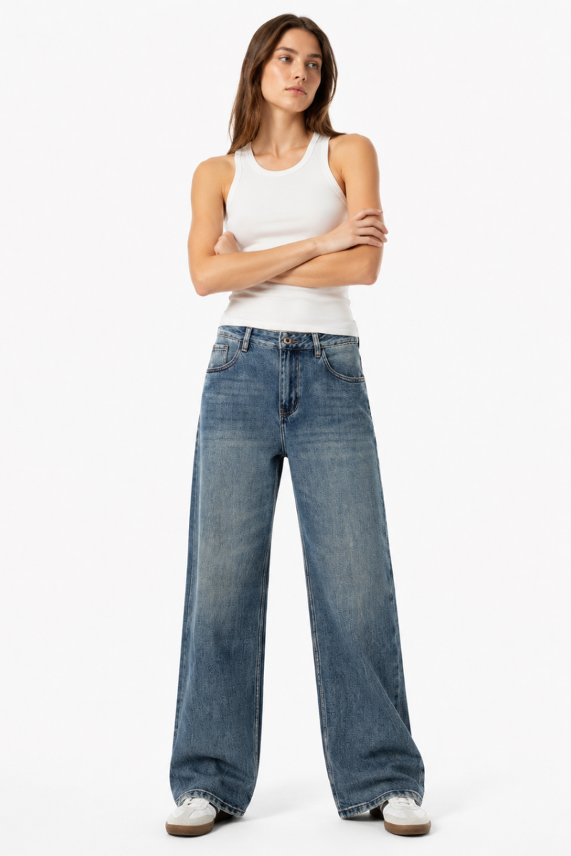 Women's 100% Cotton High Waist Wash Straight Leg Jeans