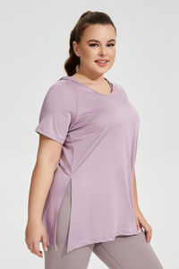 Plus Size Women's Side Drawstring Slit  Hooded T-shirt