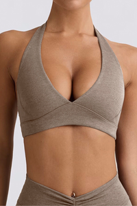 Women's Brushed Deep V Halter Neck Backless Sports Yoga Bra