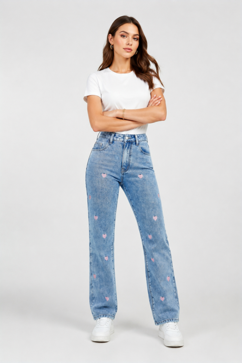 Women's Pink Heart Embroidered Straight Leg Jeans