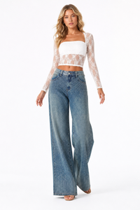 Women's High Waist Rhinestone Embellished Straight Leg Jeans