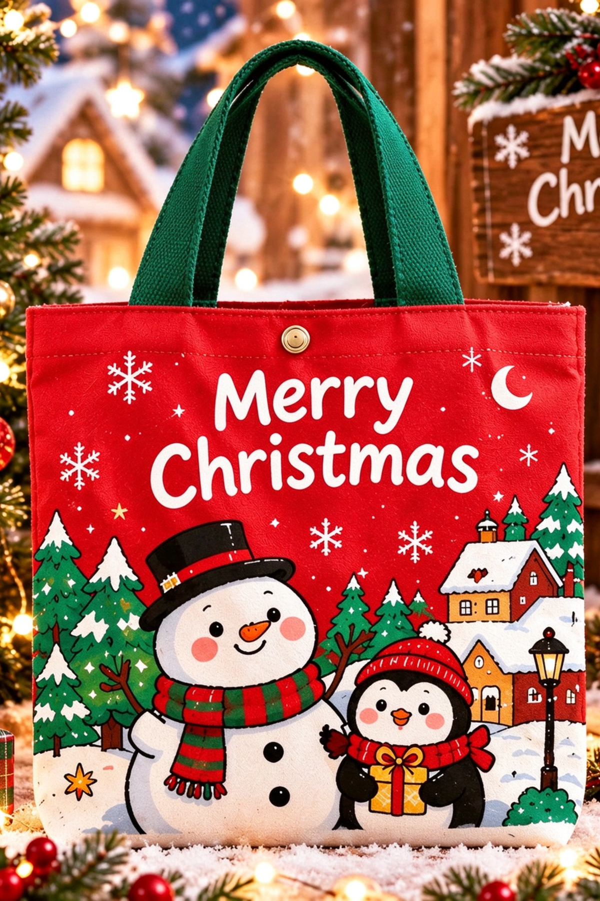 Christmas Canvas Tote Bag Cute Santa Snowman Penguin Handbag
