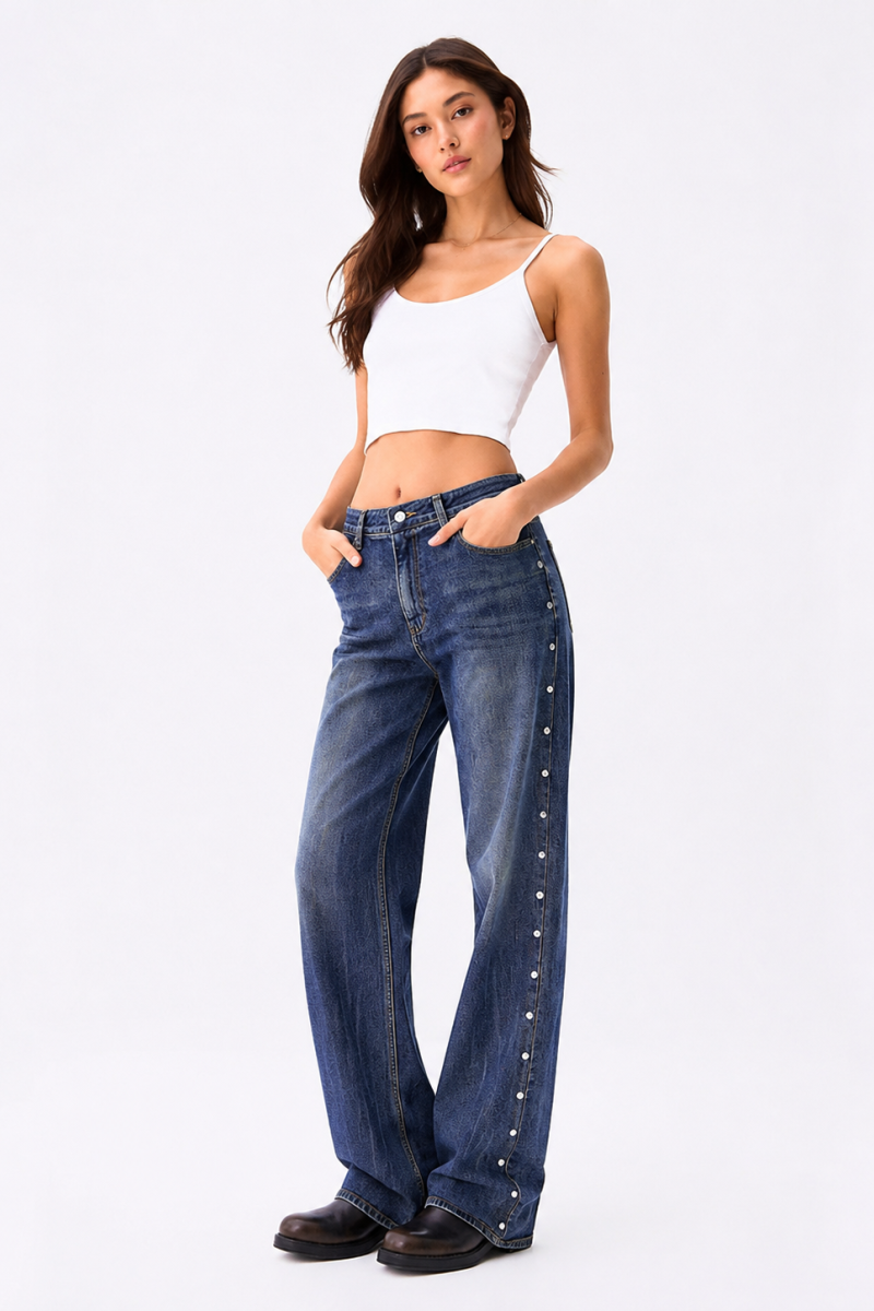 Women's High Waist Side Studded Wide Leg Jeans
