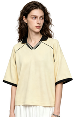Women's V-Neck Contrast Trim Polo Collar Sports T-shirt
