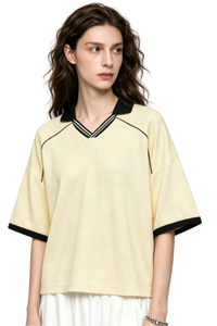 Women's V-Neck Contrast Trim Polo Collar Sports T-shirt