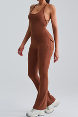 Women's Spaghetti Strap Sports Bra & Pocket Yoga Flare Pants Set