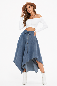 Women's High Waist Button Front Asymmetrical Denim Skirt