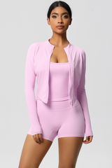 Women Tight Yoga Set:Brushed Sports Bra+ Zip Jacket + Shorts