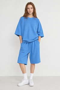 Women's Waffle Knit Set:Loose Fit T-shirt &Knee Length Short