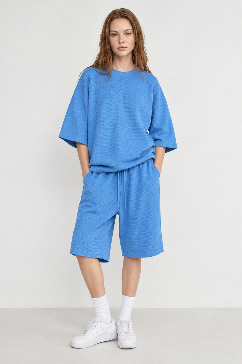 Women's Waffle Knit Set:Loose Fit T-shirt &Knee Length Short