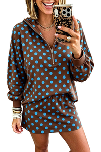 Women's Fall Set:Quarter Zip Polka Dot HoodieAnd Mini Skirt