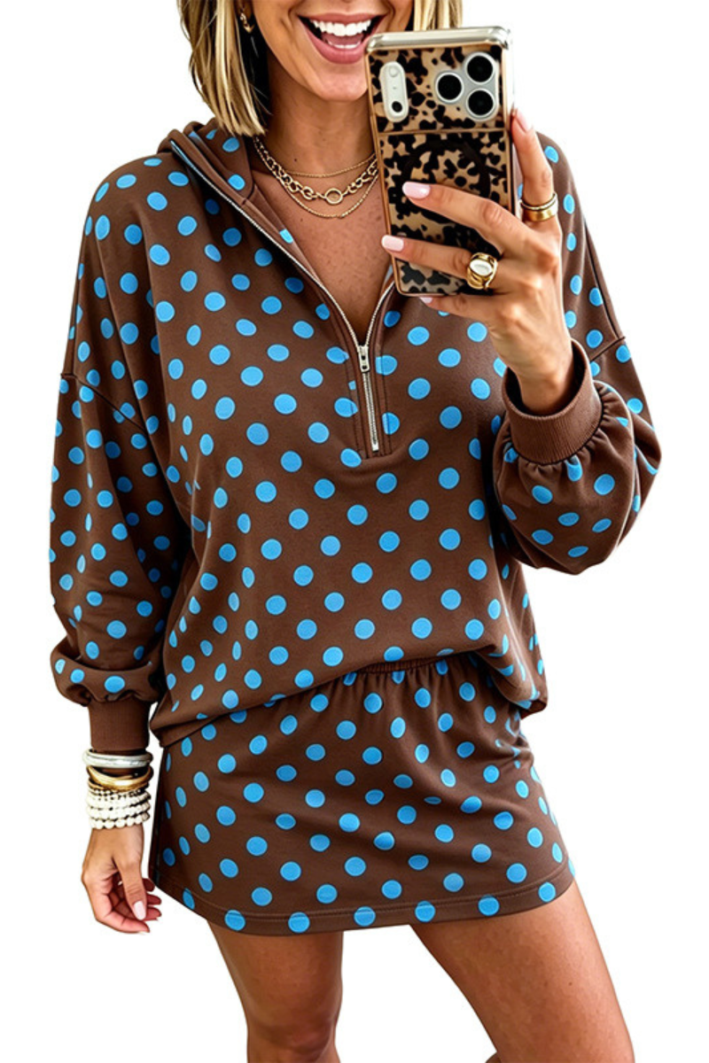 Women's Fall Set:Quarter Zip Polka Dot HoodieAnd Mini Skirt