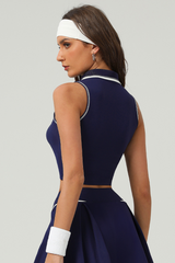 Contrasting V-neck tennis T-shirt & sports skirt 2-piece set