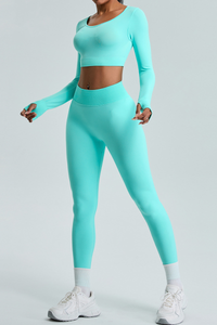 Women's Set:Cropped Long Sleeves T-Shirt&High-Waist Leggings