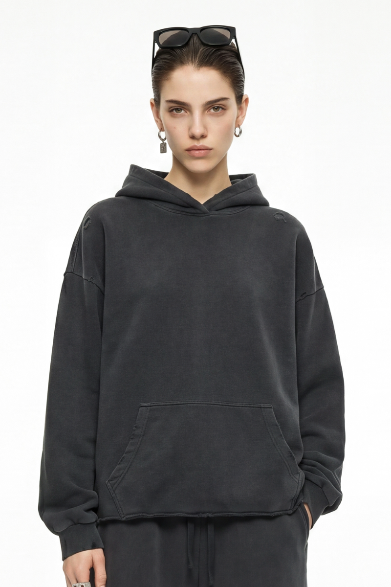 Women's Fall Winter 100% Cotton Washed Frayed Hem Hoodie